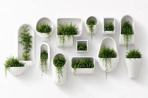 A modern facade made from modular green wall with lush plants.
