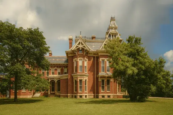 Restored real Victorian mansion exterior with red brick walls, slate roof, and decorative trim.