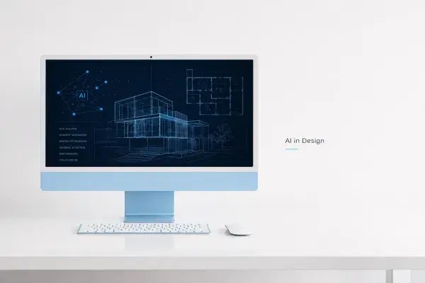 Modern Apple iMac on bright white desk showing AI design interface in minimalist workspace.