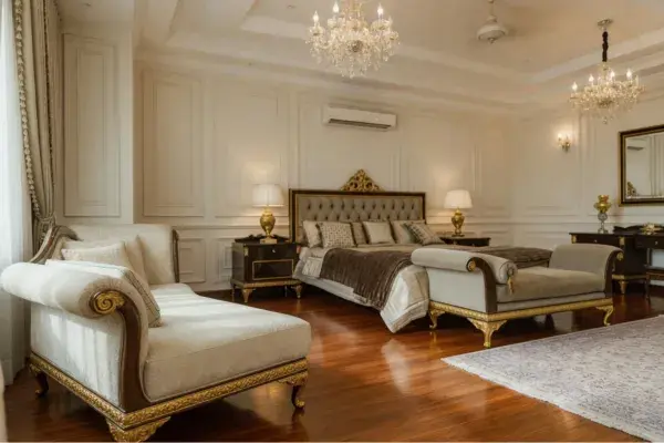 Sophisticated American-style bedroom showcasing craftsmanship through carved furnishings, silk drapery, and polished wood floors.