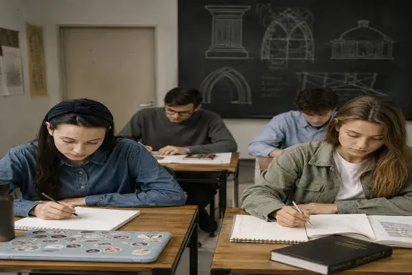 Architecture students preparing for entrance exams in a design studio with drawings, models, and drafting tools.