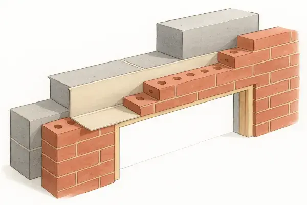 Infographic showing lintel beam installed above a window opening with labeled reinforcement and load distribution.