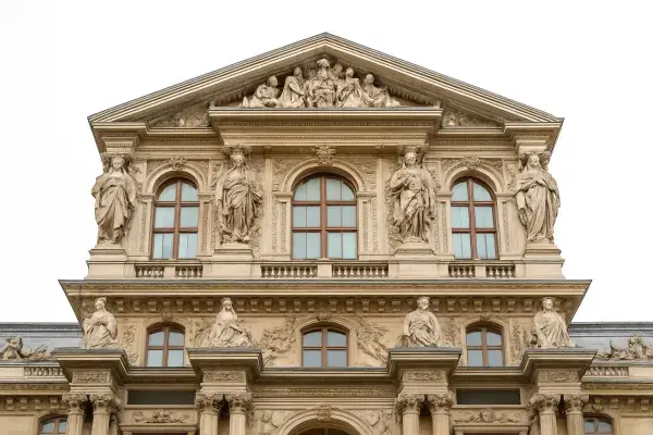 The Louvre Museum’s French Classical façade in Paris, designed by Louis Le Vau and Claude Perrault. A masterpiece of 17th-century architecture blending Classical order with subtle Baroque influence.
