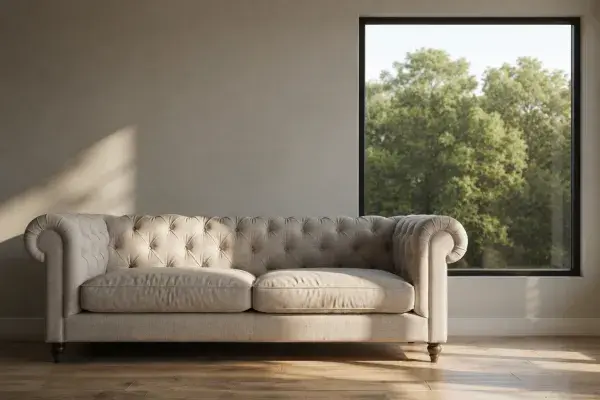 Modern living room with beige Chesterfield sofa and large picture window.