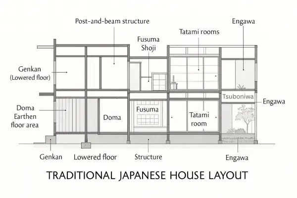 Section drawing of a traditional Japanese house layout showing Genkan, Doma, Tatami rooms, Engawa, and Tsuboniwa with labeled structural elements.