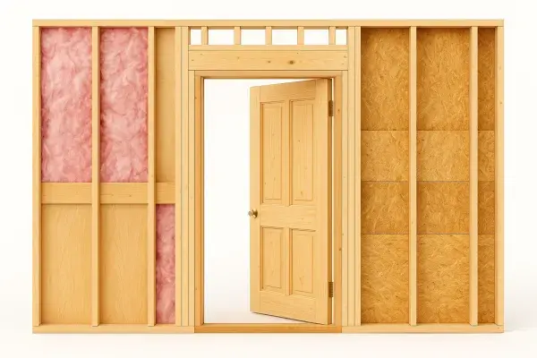 Diagram showing framing around a door opening with header, king studs, and jack studs labeled.