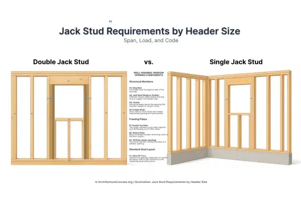 Infographic showing jack stud requirements by header size with labeled spans and load examples.