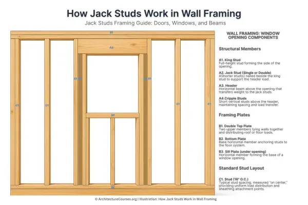 Diagram showing jack studs supporting a window header in wood wall framing.