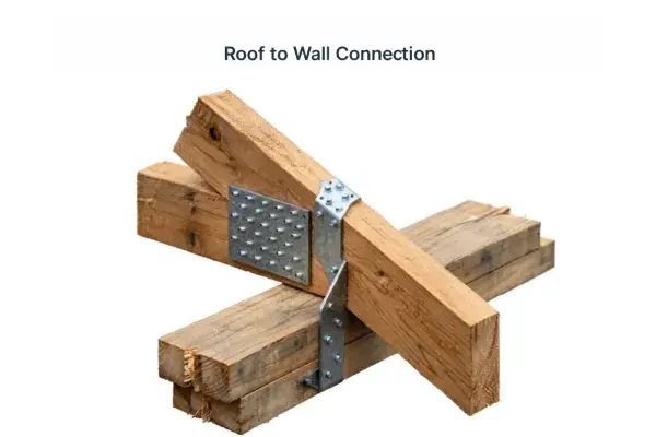 Diagram showing proper connection of a roof to a wall, including framing members and fasteners.