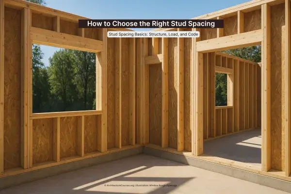 Wood framed wall showing 2x studs at regular spacing inside a new house under construction.