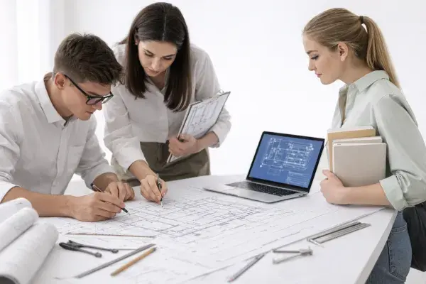 Young architectural assistants collaborating over detailed floor plans at a large white table with a laptop and drafting tools.