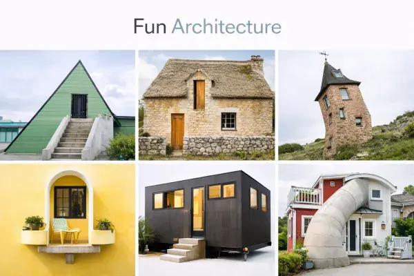 Collage of playful architectural examples including a green A-frame, stone cottage, leaning brick tower, yellow balcony façade, dark tiny house, and a home with a giant slide-like form.