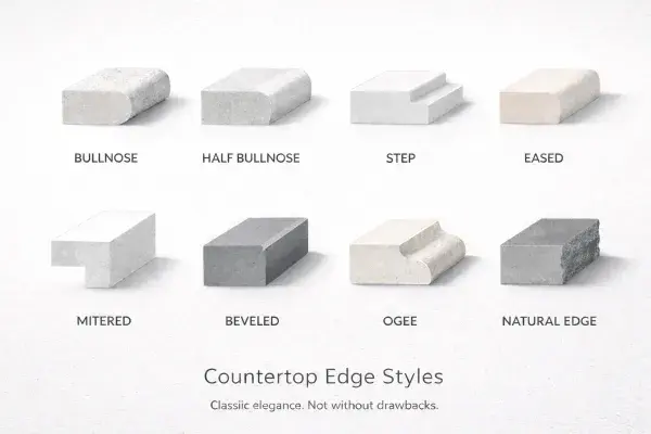 Quartz countertop edges: bullnose, half bullnose, step, eased, mitered, beveled, ogee, and natural edge.