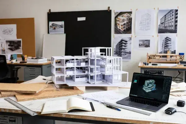 A working architecture studio desk showing physical massing models.