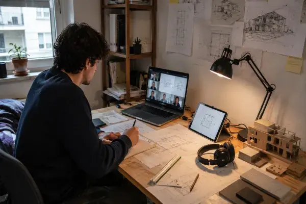 Laptop on an architecture student desk with floor plans, drawings, and a small study model.