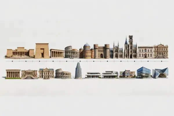 Architectural style timeline showing model buildings progressing from classical architecture to modern skyscrapers.