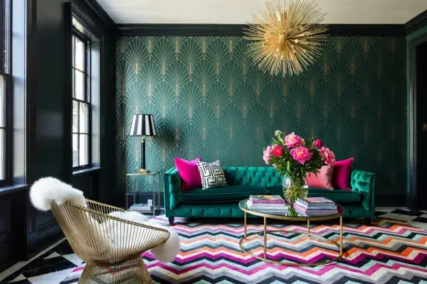 Art Deco-inspired living room with fan-pattern wallpaper, jewel-tone sofa, and gold starburst chandelier.