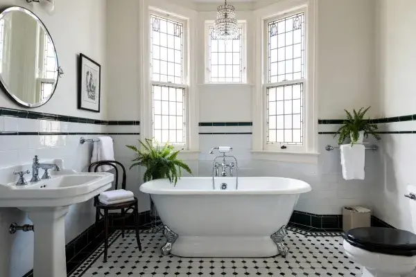 Authentic-style 1930s bathroom with clawfoot tub, pedestal sink, wall tile, and mosaic floor.