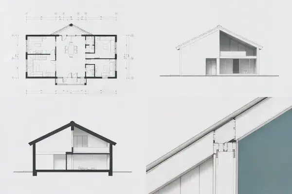 Architectural floor plan, elevation, section, and detail drawings shown together.