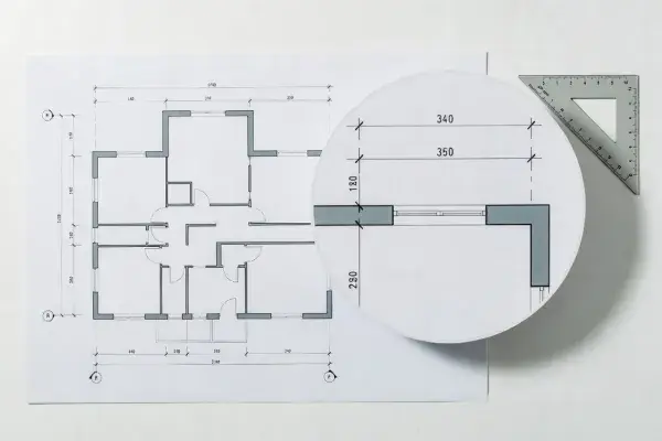 Magnified blueprint dimension detail beside a residential floor plan and scale ruler.