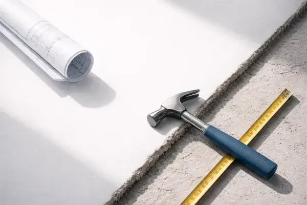 Building construction process tools: blueprint roll, hammer, and measuring tape on concrete.