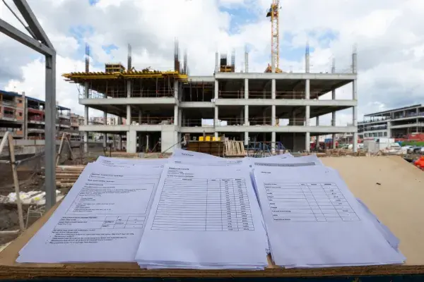 Bid documents and contractor pricing sheets on a site table during construction tender review and award planning.