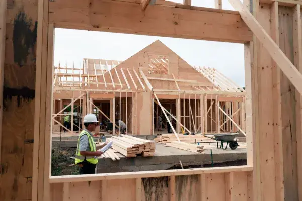 Construction manager reviewing plans at active house framing site for Construction Management.