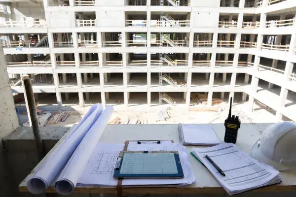 Construction project management setup with plans and tablet overlooking an active building site.