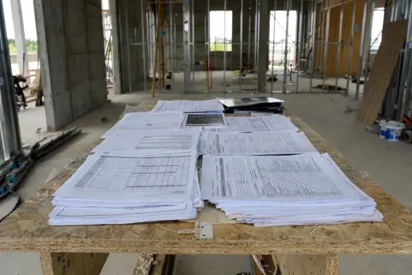 Construction schedule documents and project paperwork on a jobsite table inside a building under construction.