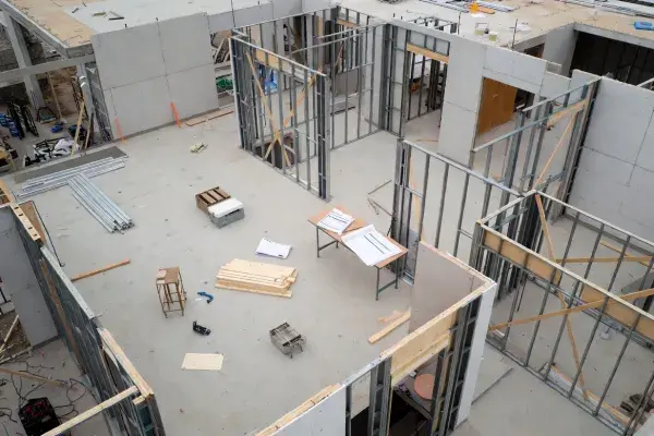 Top-down view of an under-construction building showing metal stud framing and construction materials laid out on the concrete floor.
