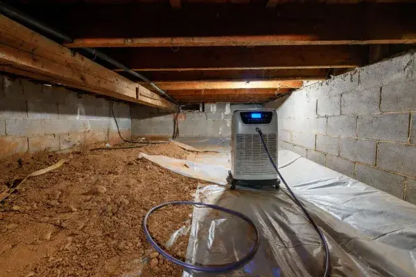 Crawl space dehumidifier running beside exposed soil and a partial ground liner.