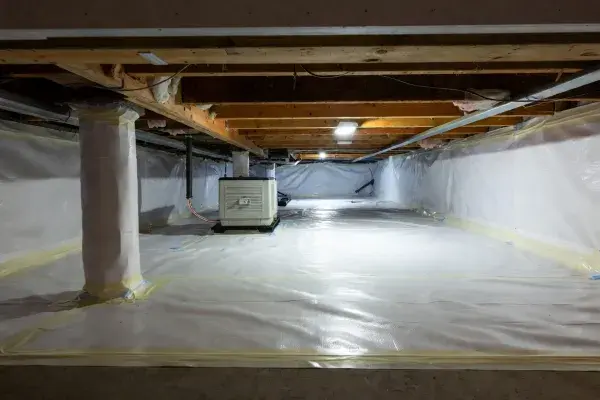 Fully encapsulated crawl space with white vapor barrier, sealed piers, and dehumidifier.
