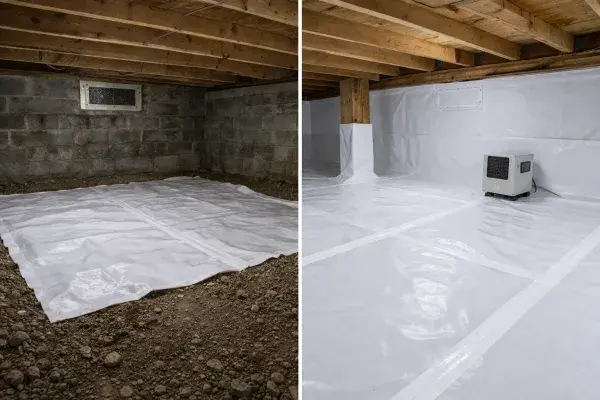 Side-by-side crawl space comparison showing vapor barrier only on one side and full encapsulation on the other.