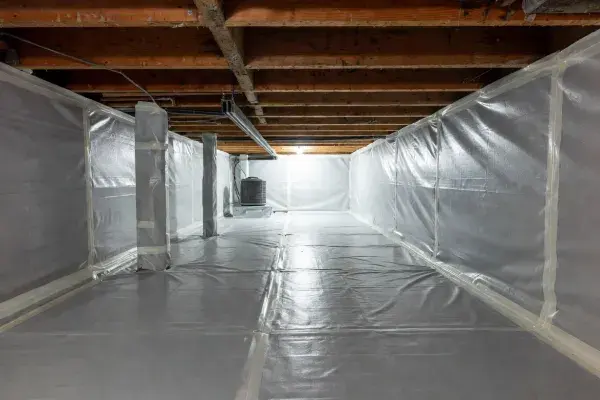 Encapsulated crawl space with sealed floor liner, wall liner, wrapped piers, and visible floor framing above.