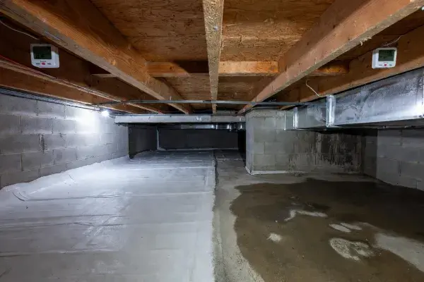 Crawl space showing normal humidity on one side and dangerous damp conditions on the other.