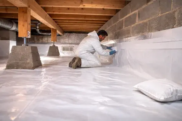 Worker sealing crawl space vapor barrier to the foundation wall with tape; vent cover visible on the left.