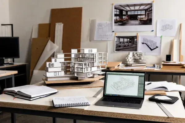Architecture studio model-making workspace for university design education and project review.