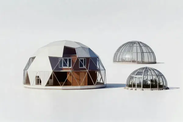 Geodesic dome house with glass dome and greenhouse dome variations.