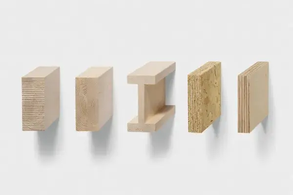Comparison of engineered wood product samples including laminated beam stock, I-joist, OSB, and plywood on a white background.