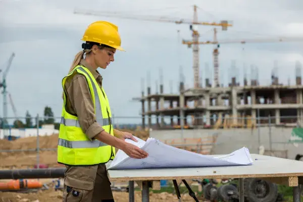 Female construction manager reviewing and marking architectural plans at her outdoor desk on active jobsite.