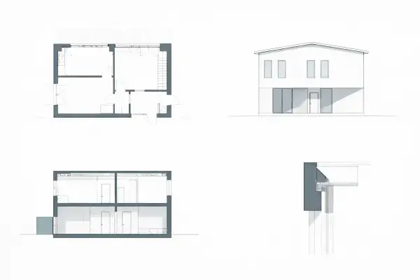 Architectural floor plan, elevation, section, and wall detail shown together as one drawing set.