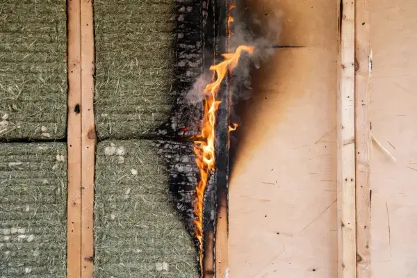 Hemp insulation in an open stud wall showing flame exposure, surface charring, and smoke.