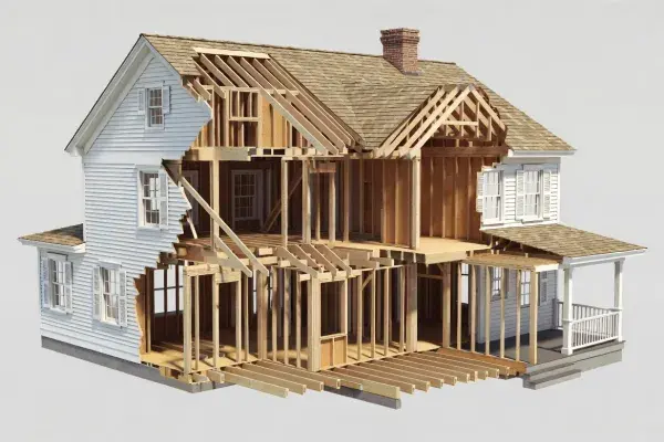 Cutaway wood-framed house showing floor framing, wall studs, roof framing, and structural layout.