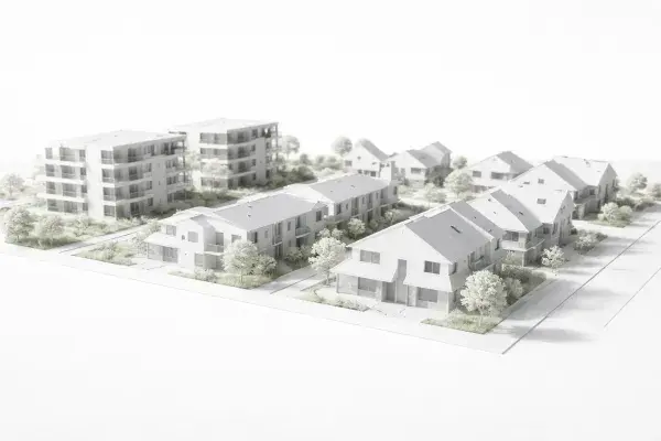 Architectural neighborhood model showing mixed housing types.