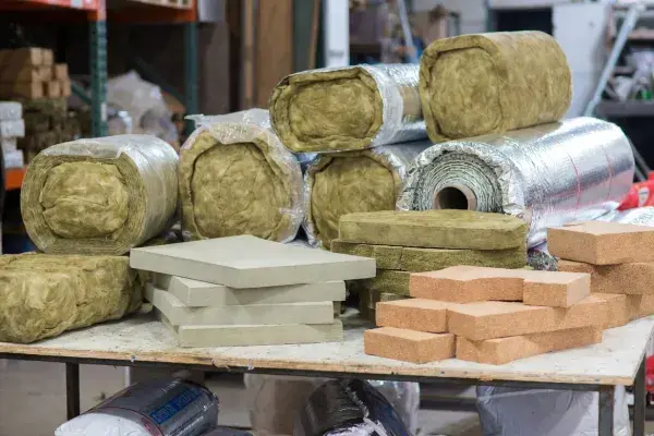 Mixed insulation materials on a workshop table, including batts, rigid foam, and foil-faced rolls.