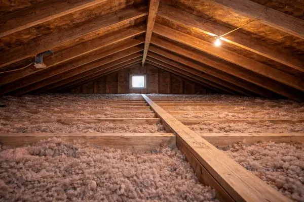 Older stick-framed attic with exposed rafters, ceiling joists, and blown insulation.
