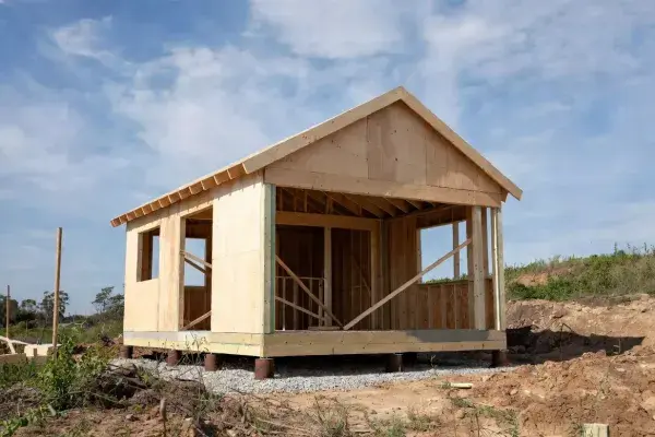 Small workshop frame raised on piers above gravel instead of a full concrete pad.