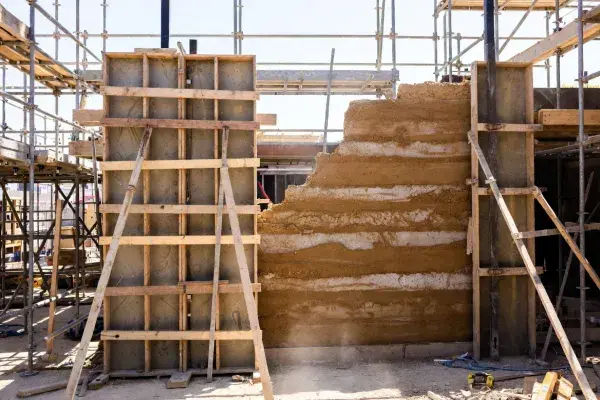 Rammed earth wall between formwork panels on a braced construction site.
