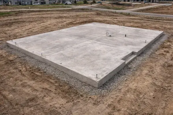Residential slab-on-grade foundation with anchor bolts, plumbing rough-ins, and gravel perimeter base on graded lot.