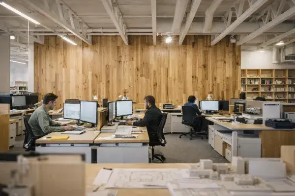 Three architects working in a small architecture studio.